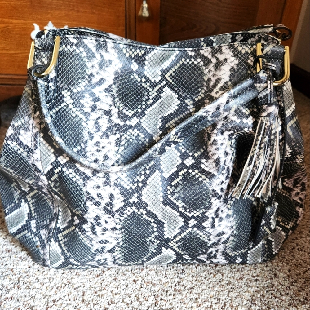 GILI XL Genuine Leather Grey and Black Snake Hobo Bag - NWOT